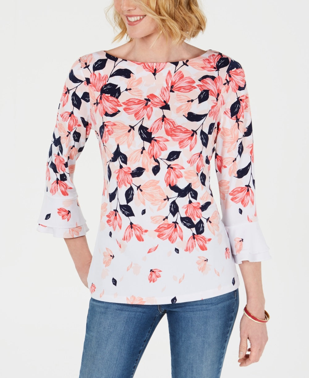 Blusa feminina Charter Club com estampa e mangas franzidas, tamanho pequeno, branca
