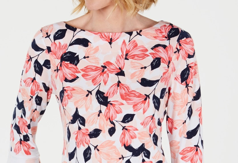 Blusa feminina Charter Club com estampa e mangas franzidas, tamanho pequeno, branca