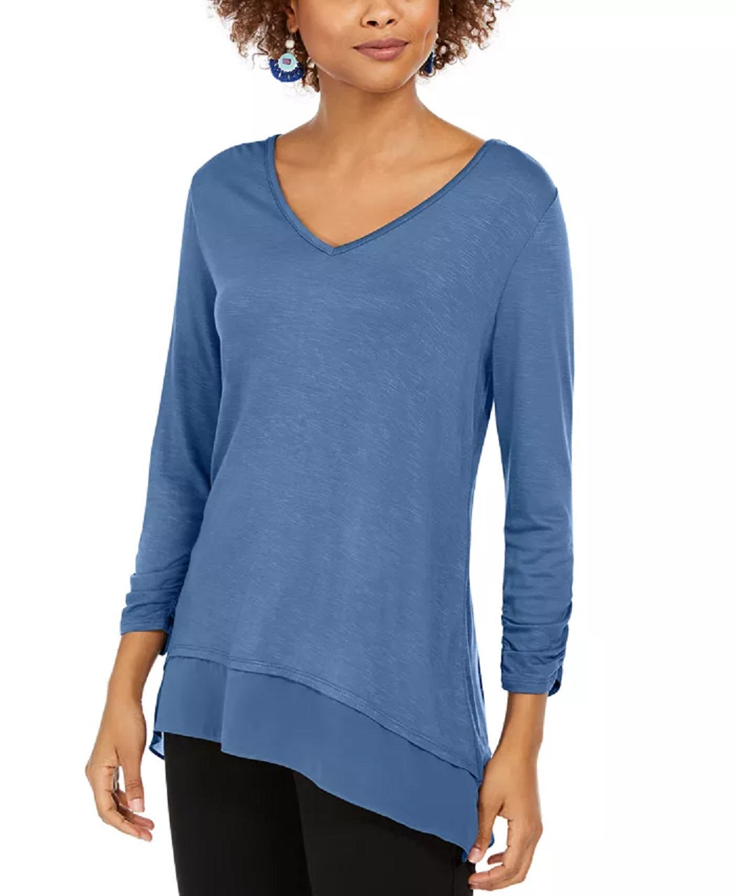 Blusa feminina estilo &amp; co com decote em V e bainha de chiffon, azul, tamanho pequeno