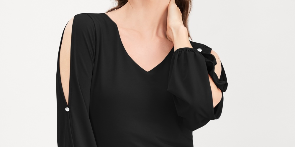 INC International Concepts Top feminino com mangas divididas e botões de strass, preto, tamanho PL