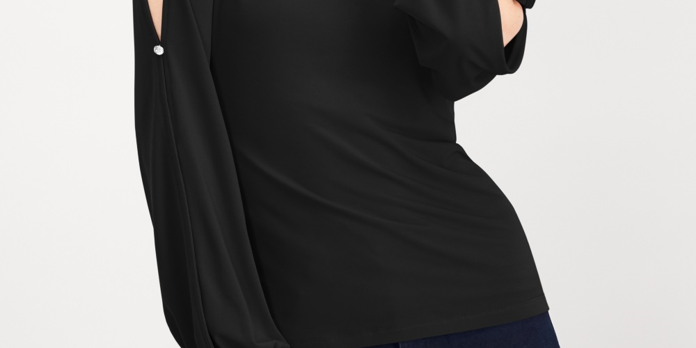 INC International Concepts Top feminino com mangas divididas e botões de strass, preto, tamanho PL