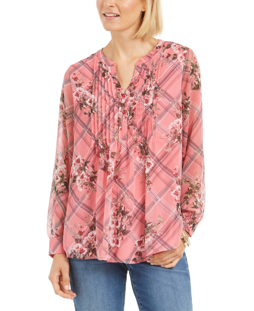 Top feminino Charter Club com estampa mista e gola dividida, rosa, tamanho PS