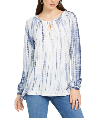 Blusa estilo camponesa com mangas bufantes e tie-dye estilo &amp; co, azul, tamanho extrapequeno