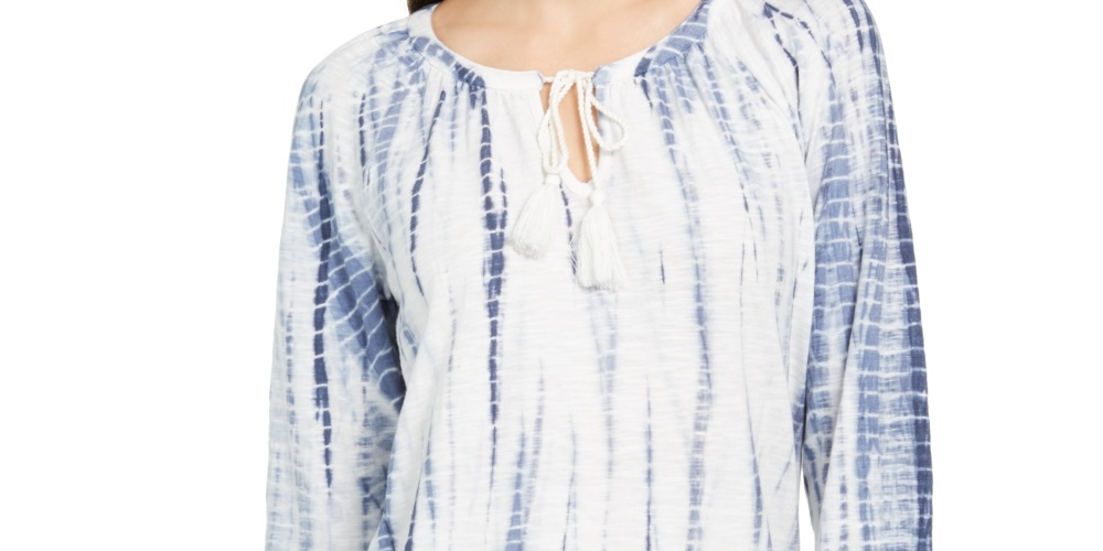 Blusa estilo camponesa com mangas bufantes e tie-dye estilo &amp; co, azul, tamanho extrapequeno