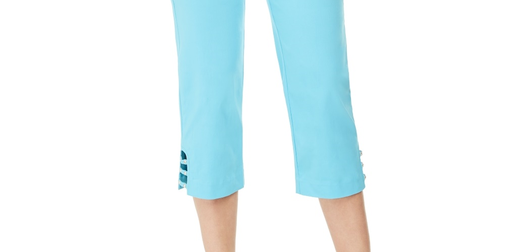 Calça capri feminina JM Collection com detalhe de renda e amarração, azul-marinho, tamanho pequeno