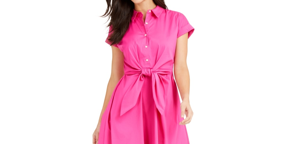 Vestido feminino Charter Club de algodão com amarração na cintura e ajuste evasê, rosa, tamanho 10