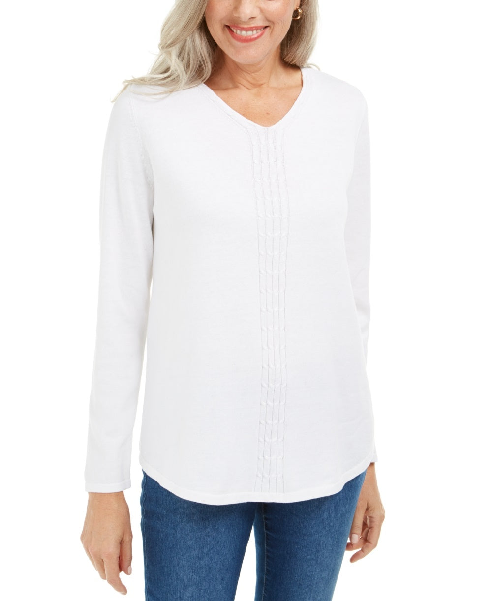 Karen Scott Suéter Feminino de Tricô em Algodão com Cabo, Branco, Tamanho Médio