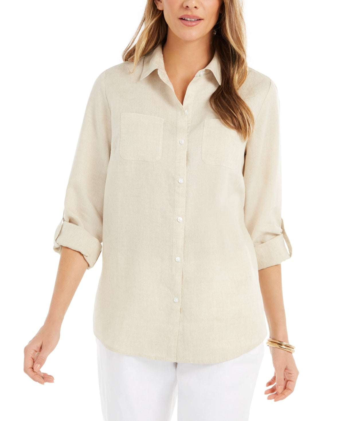 Camisa de linho feminina Charter Club, marrom, tamanho X-S