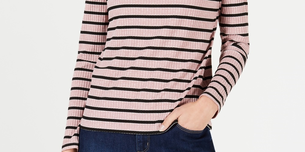 Blusa feminina listrada de gola alta Charter Club, rosa, tamanho pequeno e pequeno