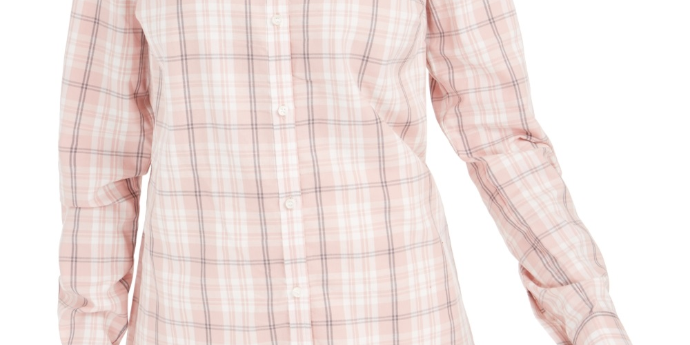 Camisa xadrez feminina Charter Club de algodão com botões, rosa, tamanho PXL