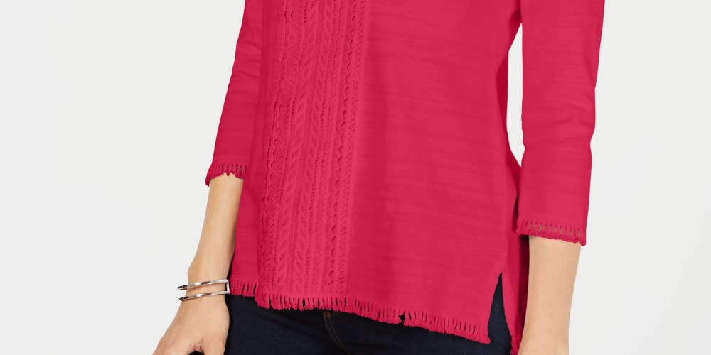 Top feminino Charter Club Petite de algodão com acabamento em renda, vermelho, tamanho pequeno