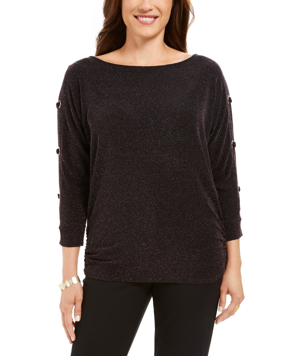 JM Collection Top Feminino Metálico com Manga Dividida e Fio Preto Tamanho Médio