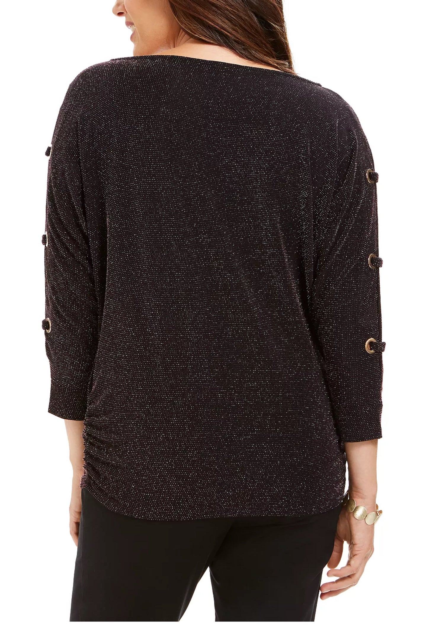 JM Collection Top Feminino Metálico com Manga Dividida e Fio Preto Tamanho Médio