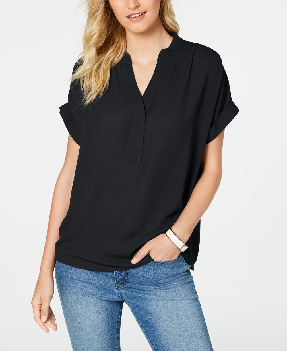 Blusa feminina Charter Club com decote aberto e manga curta, preta, tamanho pequeno médio