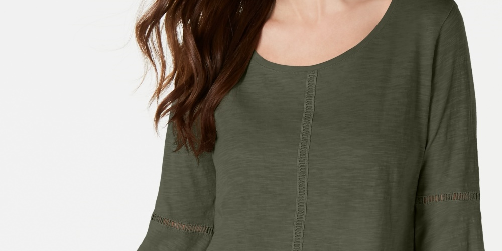 Blusa feminina pequena de crochê com manga sino e acabamento em crochê, estilo &amp; co, verde PS
