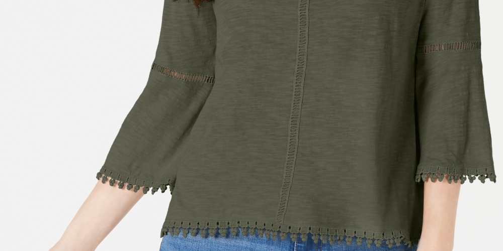 Blusa feminina pequena de crochê com manga sino e acabamento em crochê, estilo &amp; co, verde PS