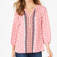 Top feminino estampado com decote dividido e manga 3/4, tamanho pequeno e médio, rosa