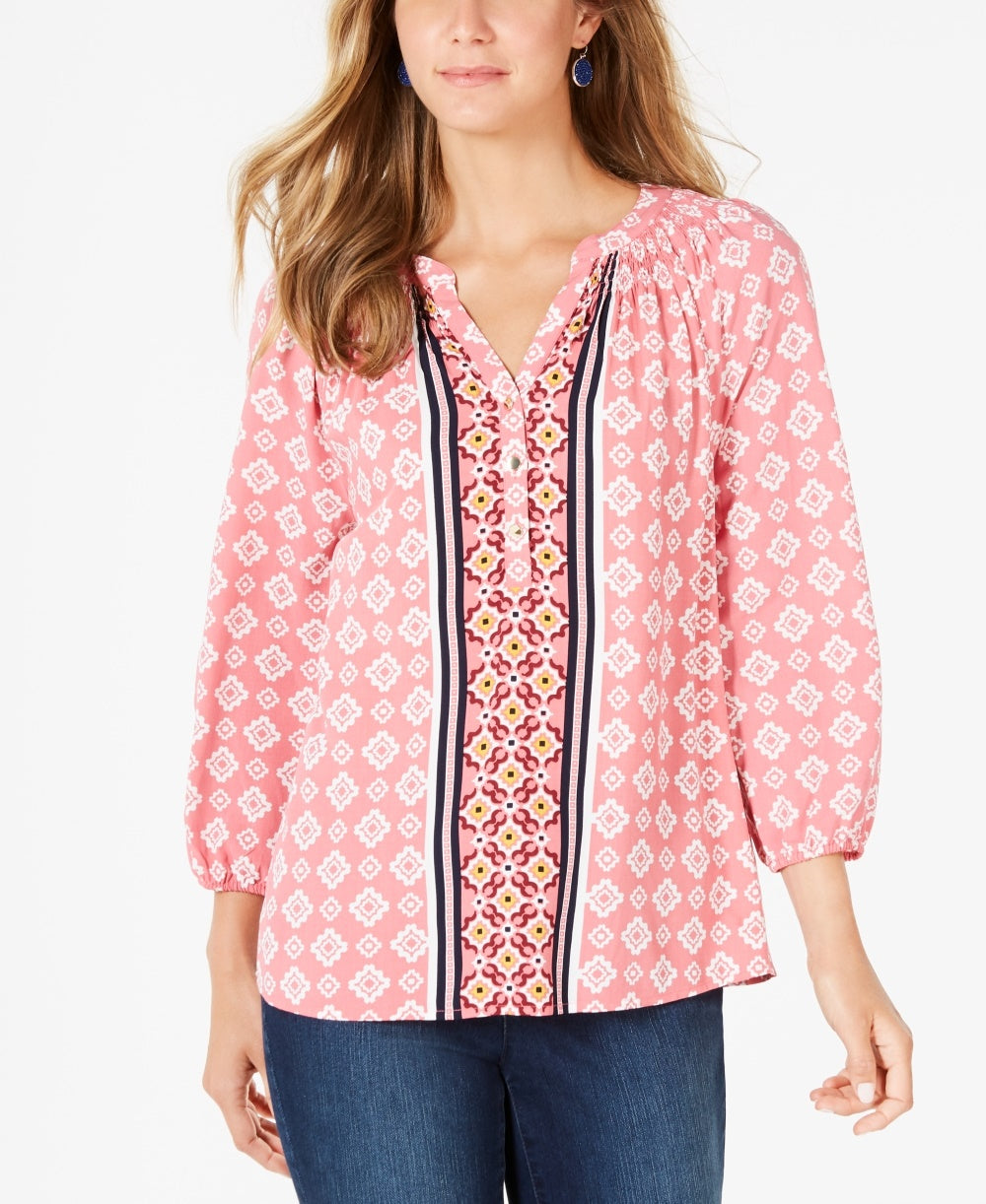 Top feminino estampado com decote dividido e manga 3/4, tamanho pequeno e médio, rosa