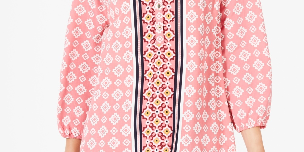 Top feminino estampado com decote dividido e manga 3/4, tamanho pequeno e médio, rosa