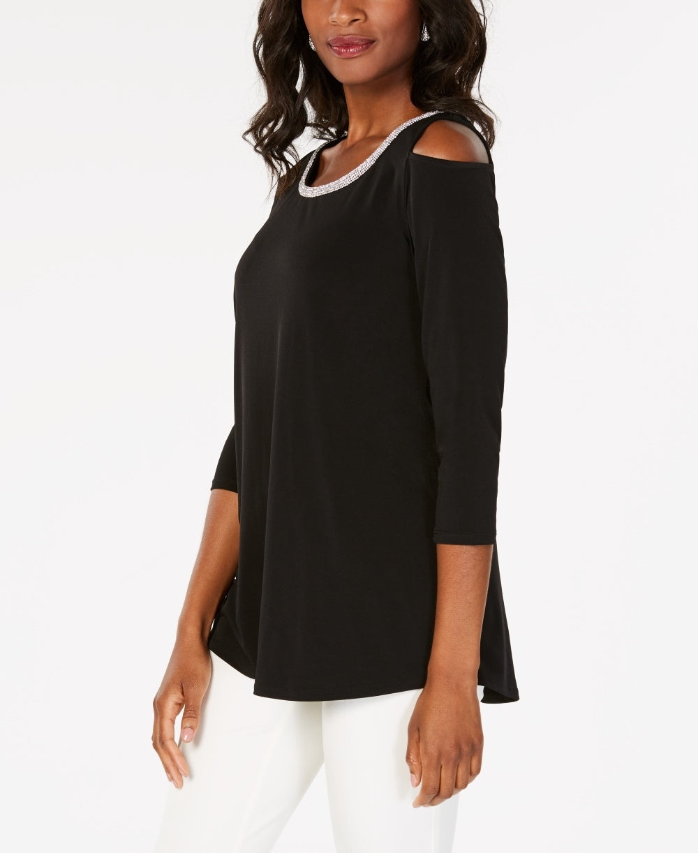 JM Collection Top feminino pequeno com decote em V e ombros descobertos, preto, tamanho pequeno