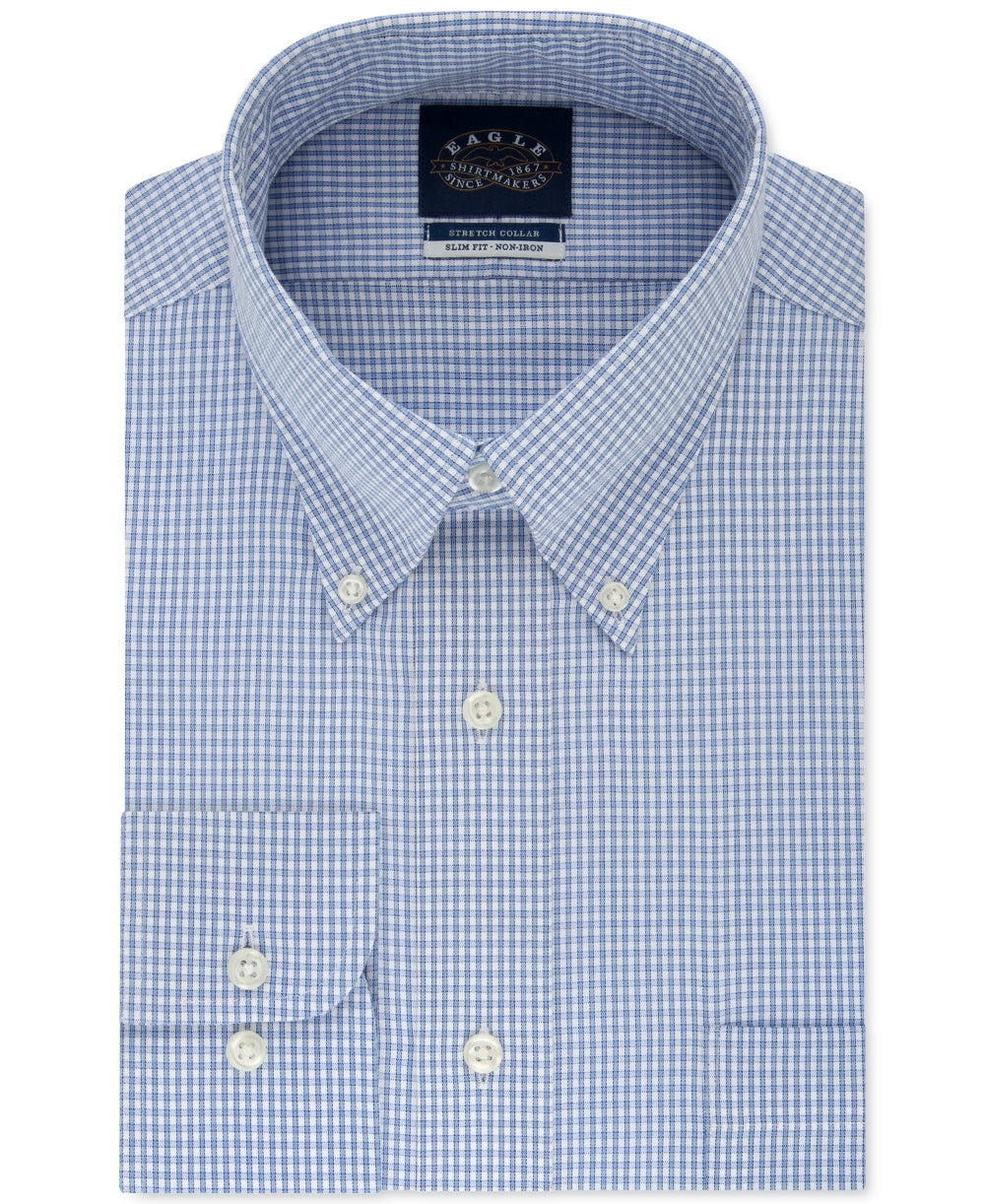 Camisa social xadrez Eagle masculina slim fit, sem passar a ferro, com gola flexível, azul, 18x36-37, 2XL