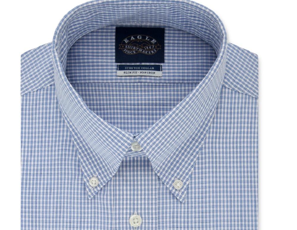 Camisa social xadrez Eagle masculina slim fit, sem passar a ferro, com gola flexível, azul, 18x36-37, 2XL