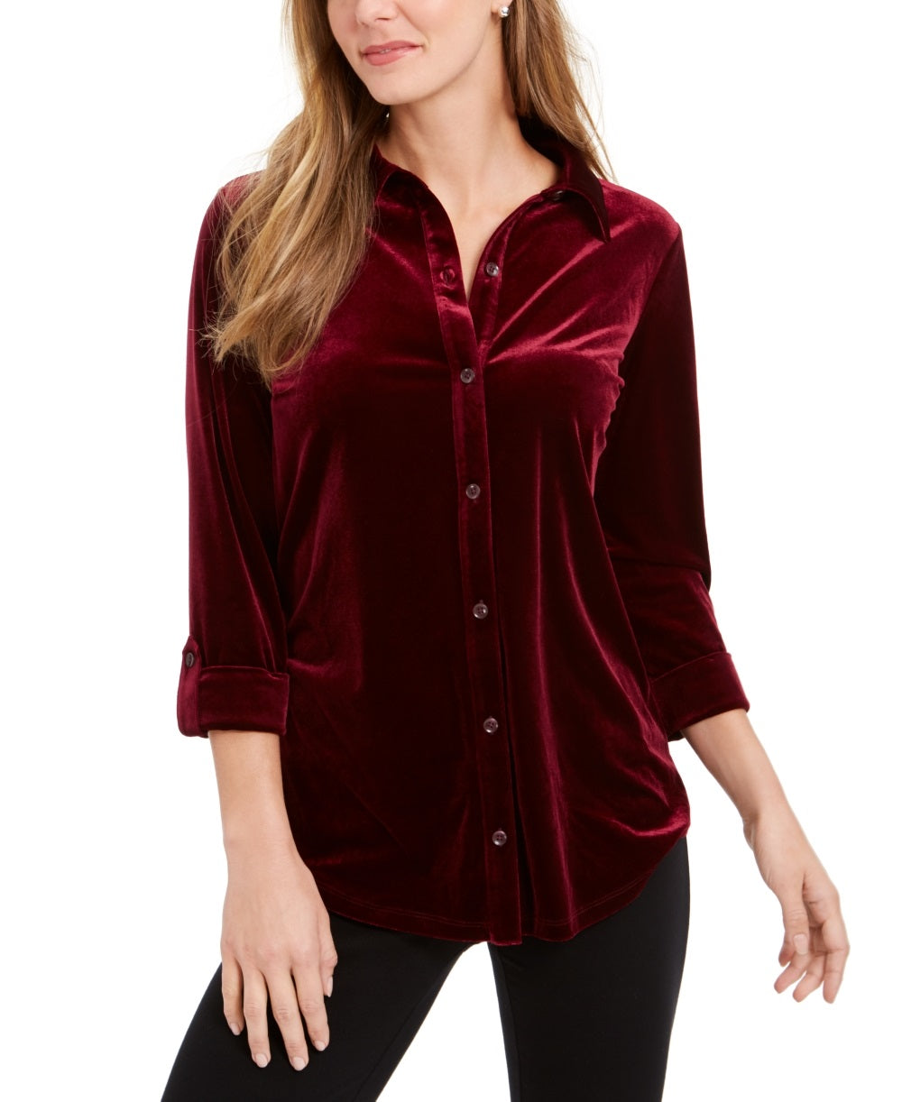Camisa feminina de veludo com botões Charter Club, tamanho vinho, tamanho X-S