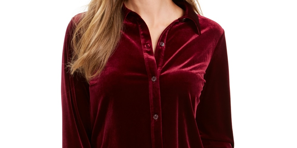 Camisa feminina de veludo com botões Charter Club, tamanho vinho, tamanho X-S