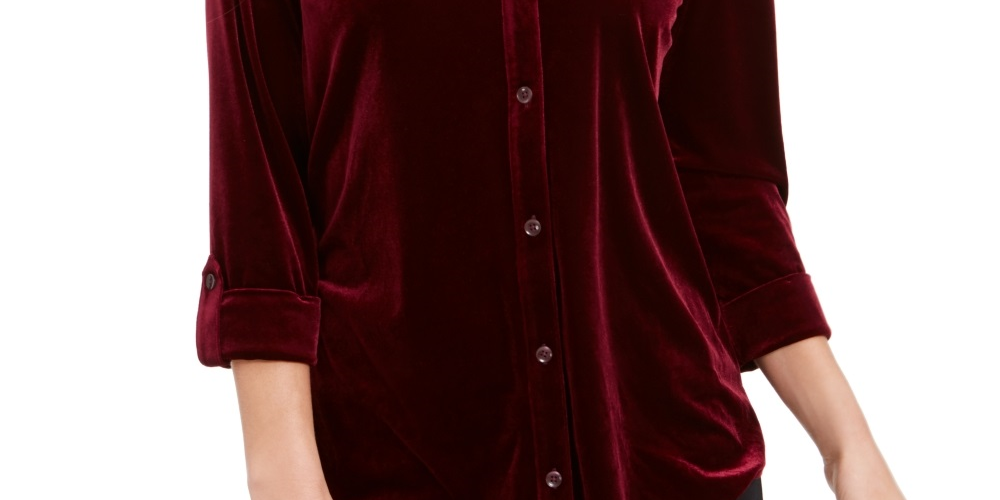 Camisa feminina de veludo com botões Charter Club, tamanho vinho, tamanho X-S