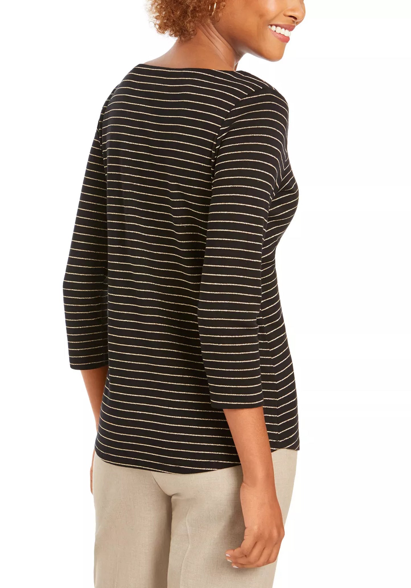 Charter Club Blusa feminina listrada de lurex com decote canoa, preta, tamanho PL