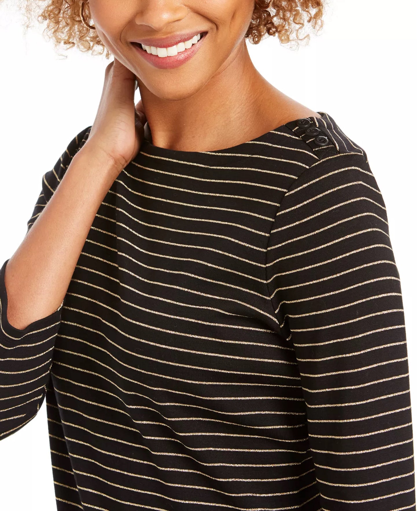 Charter Club Blusa feminina listrada de lurex com decote canoa, preta, tamanho PL