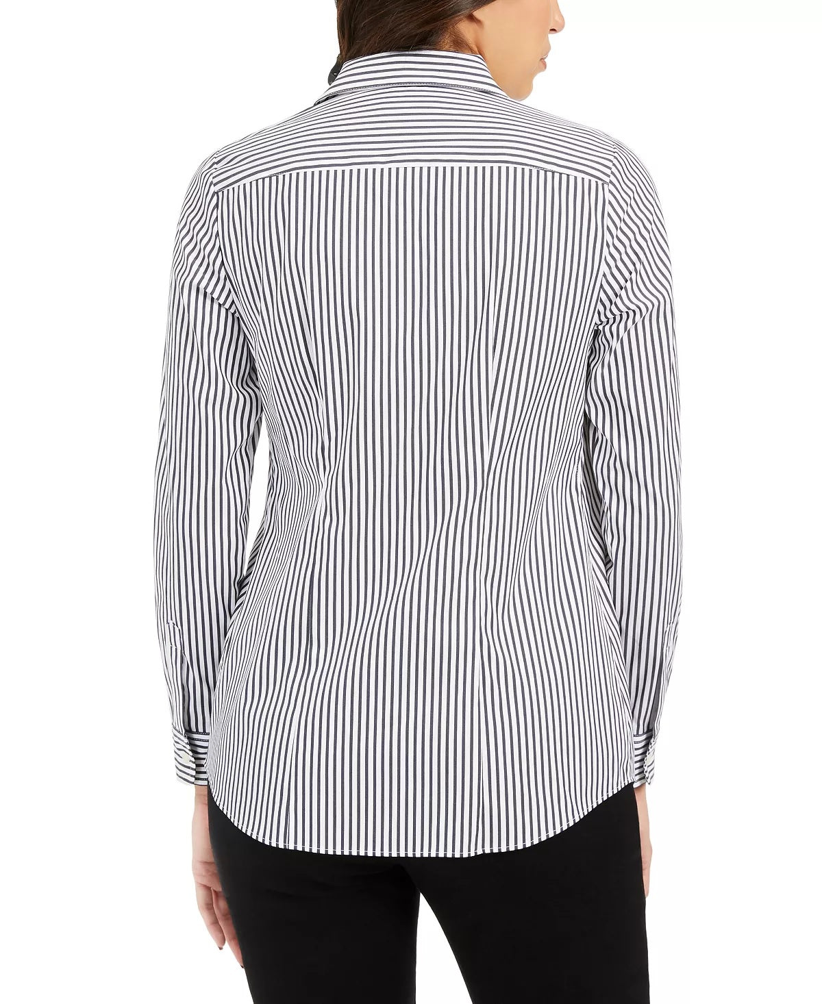 Camisa feminina listrada com punho e gola, com botões, para usar no trabalho, branca, tamanho 12