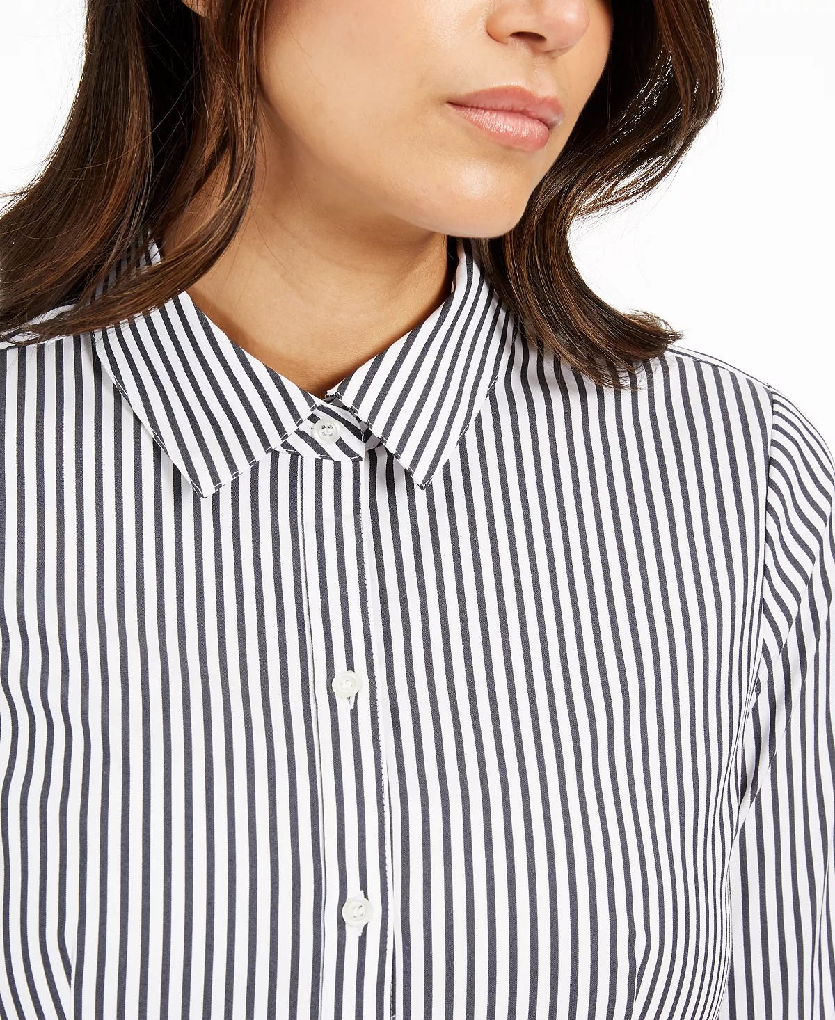 Camisa feminina listrada com punho e gola, com botões, para usar no trabalho, branca, tamanho 12