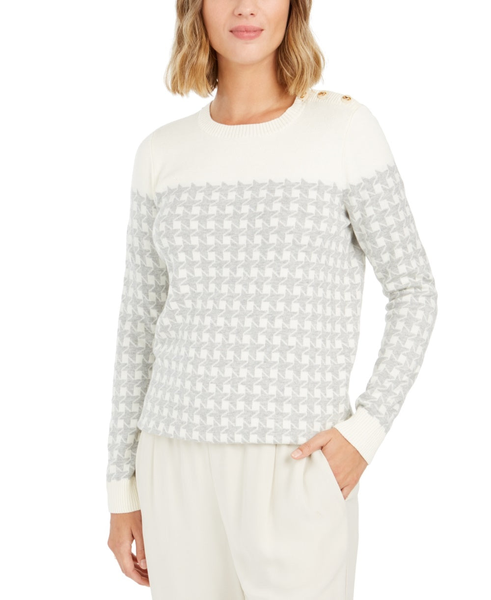 Suéter feminino Charter Club Petite Houndstooth com botões e ombros de fora, cinza, tamanho pequeno