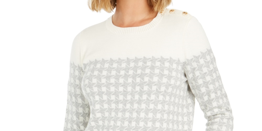 Suéter feminino Charter Club Petite Houndstooth com botões e ombros de fora, cinza, tamanho pequeno