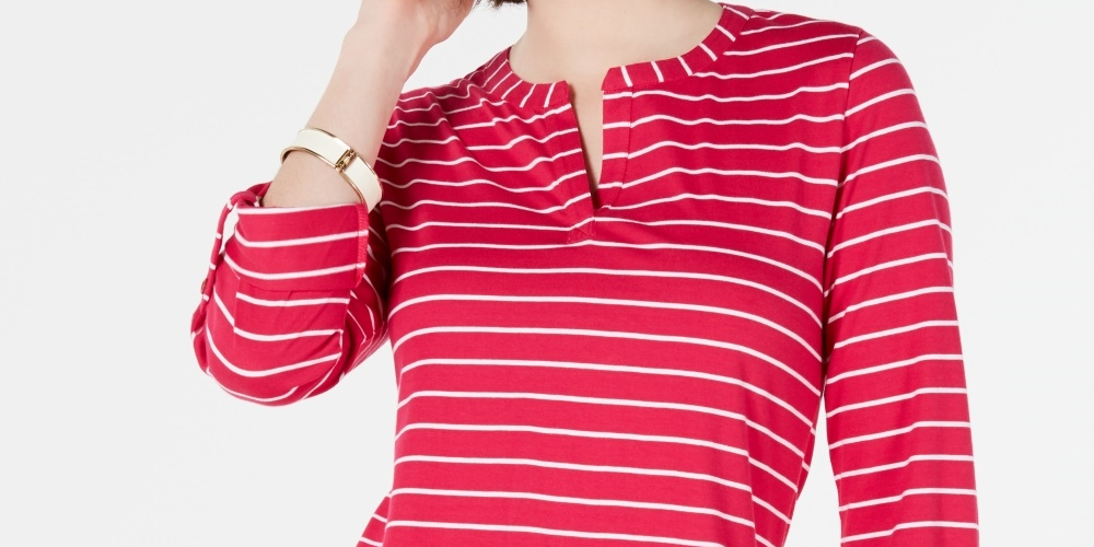 Charter Club Top feminino listrado com decote aberto, tamanho pequeno, rosa