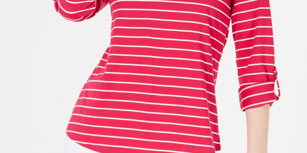Charter Club Top feminino listrado com decote aberto, tamanho pequeno, rosa