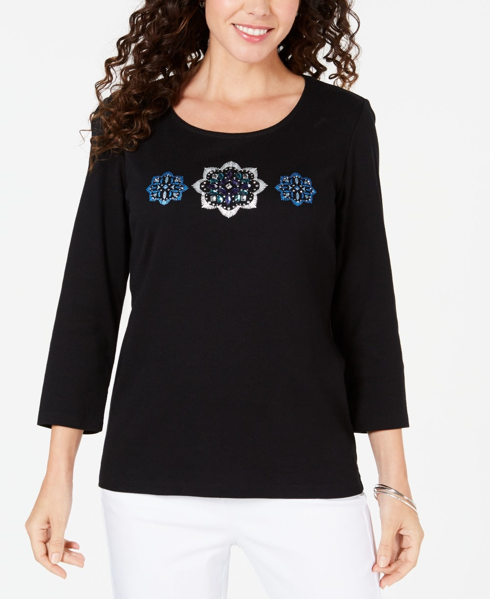 Karen Scott Top feminino de algodão com strass e detalhes em renda, tamanho pequeno, preto