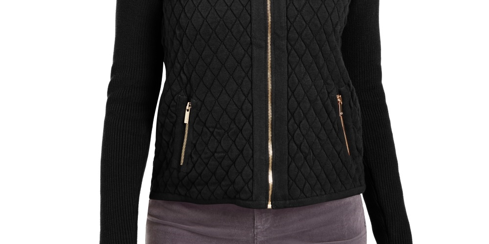 Suéter acolchoado feminino Charter Club com zíper frontal, preto, tamanho pequeno médio