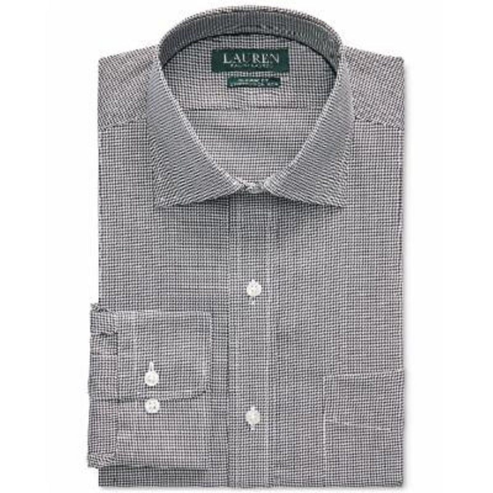 Camisa social Ralph Lauren de sarja elástica sem passar a ferro para festas, masculina, manga comprida, com botões, preta, tamanho 16,5 x 32-33