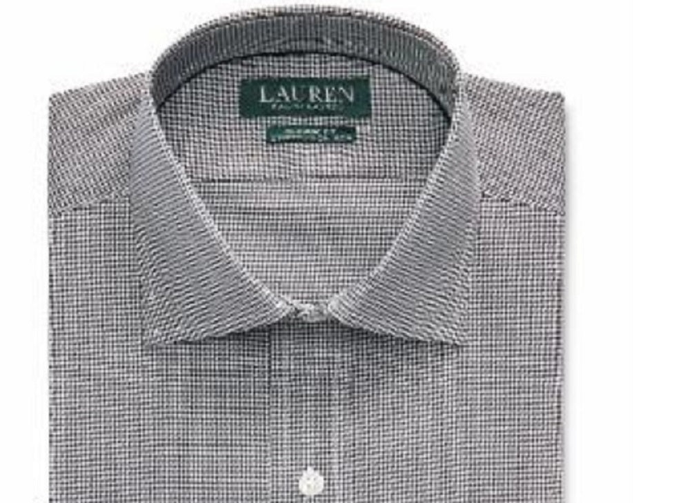 Camisa social Ralph Lauren de sarja elástica sem passar a ferro para festas, masculina, manga comprida, com botões, preta, tamanho 16,5 x 32-33