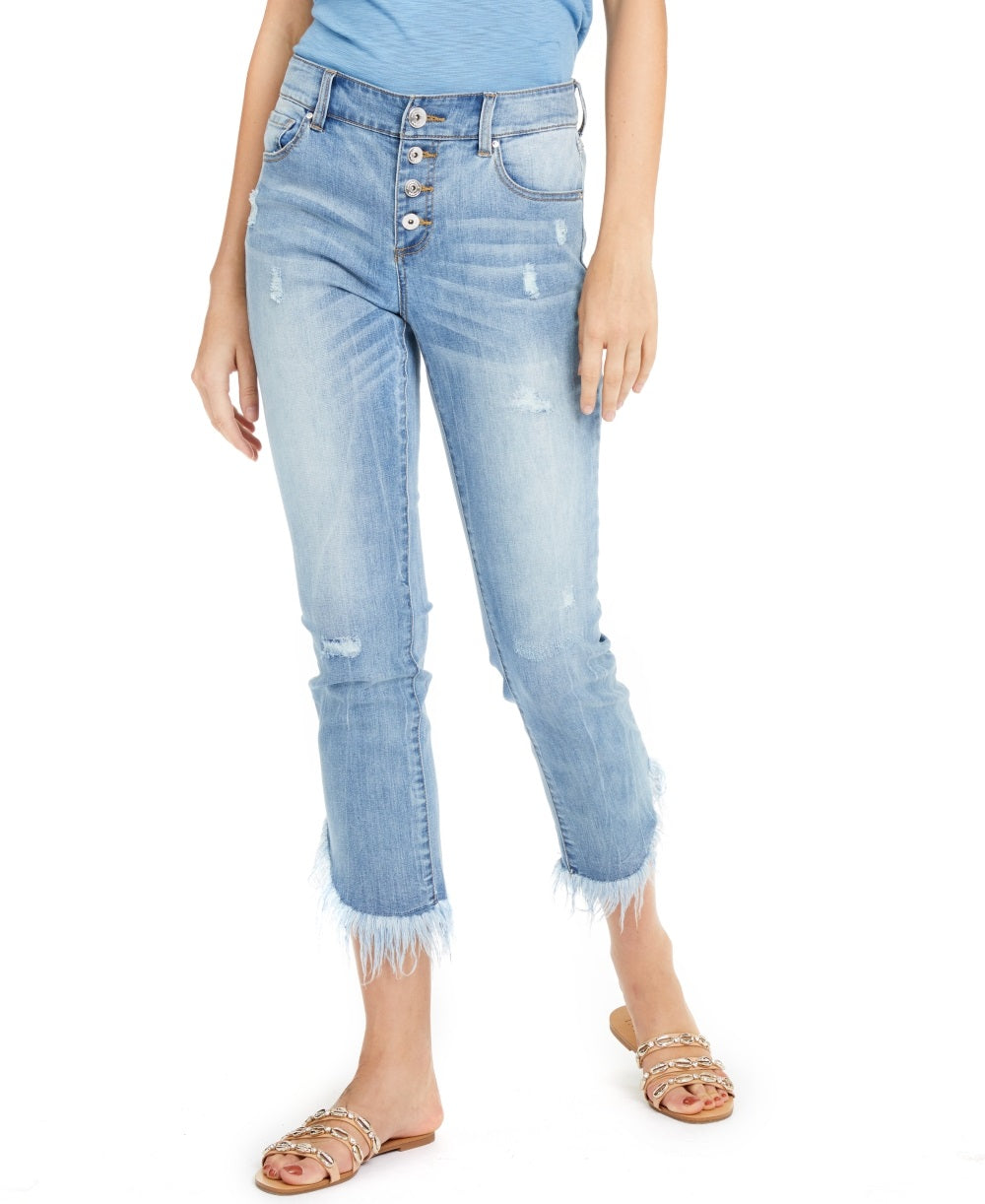 Calça jeans feminina INC International Concepts com franjas e botões na frente, perna reta, azul, tamanho 16
