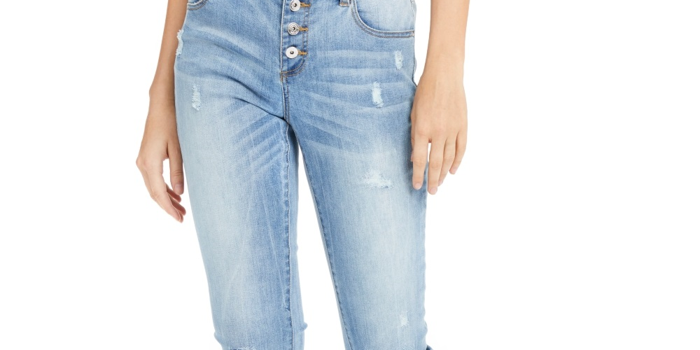 Calça jeans feminina INC International Concepts com franjas e botões na frente, perna reta, azul, tamanho 16
