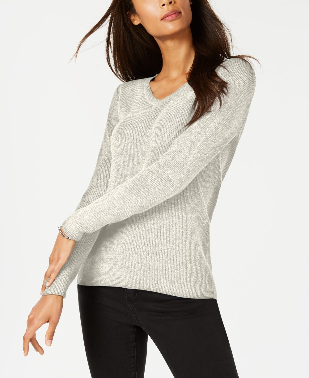 Karen Scott Suéter Feminino Canelado Gola V Bege Tamanho Médio