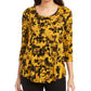 JM Collection Top feminino estampado com decote redondo, amarelo, tamanho médio