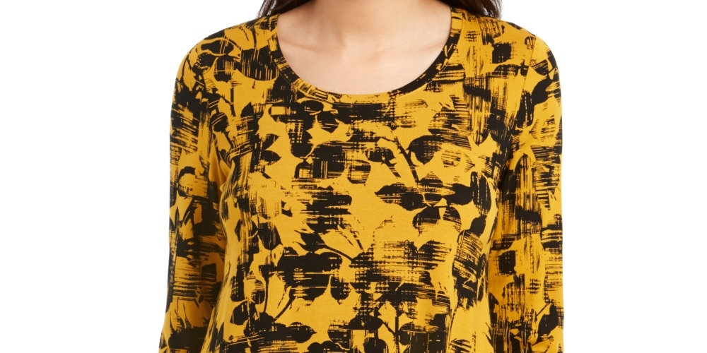 JM Collection Top feminino estampado com decote redondo, amarelo, tamanho médio