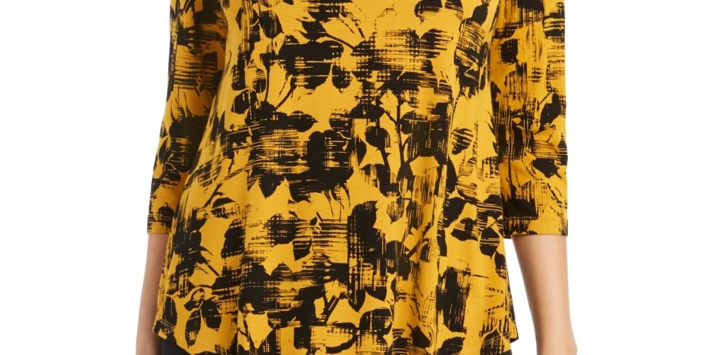JM Collection Top feminino estampado com decote redondo, amarelo, tamanho médio