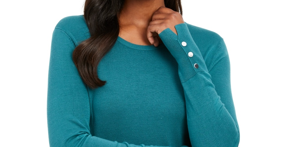 Suéter feminino JM Collection com punho de botão e gola redonda, tamanho pequeno, verde