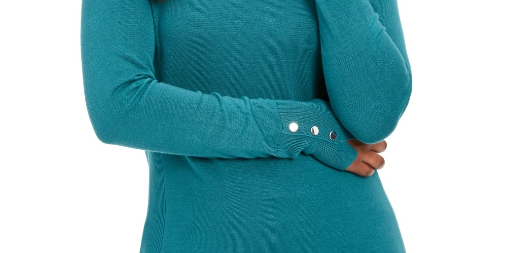 Suéter feminino JM Collection com punho de botão e gola redonda, tamanho pequeno, verde