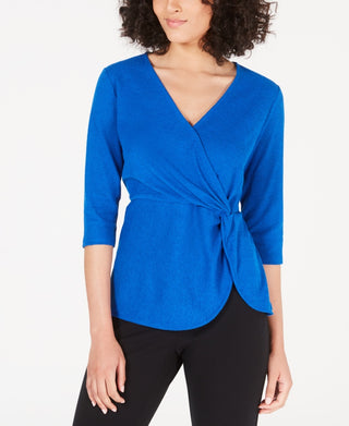 Top Alfani Feminino Petite Twist-Side Faux-Wrap Azul PS
